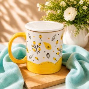Caneca com Pintura Manual Botão Amarelo